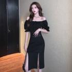Set: Puff-sleeve Side-slit Sheath Dress + Faux Leather Belt