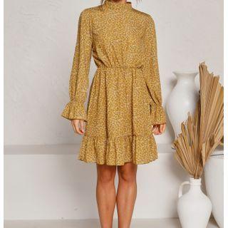 Long-sleeve Floral Print Mock-neck Mini A-line Dress