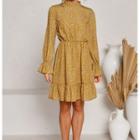 Long-sleeve Floral Print Mock-neck Mini A-line Dress