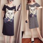 Cat Print Cold Shoulder T-shirt Dress