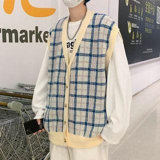 V-neck Gingham Oversized Knit Vest