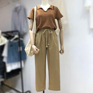 Set: V-neck Short-sleeve Knit Top + High Waist Cropped Pants