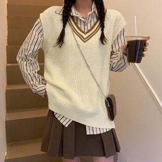 Striped Long-sleeve Shirt / V-neck Contrast Trim Knit Vest