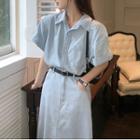 Short-sleeve Denim Shirt / High-waist A-line Denim Midi Skirt