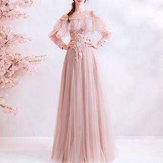 Long-sleeve Floral Detail Ball Gown