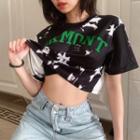 Elbow-sleeve Tie-dye Lettering Cropped T-shirt