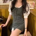 Mock Two-piece Puff-sleeve Lace-up Dress