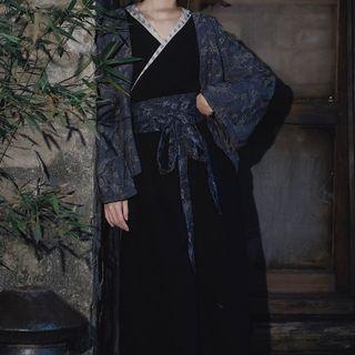 Long-sleeve Dress / Open Front Jacket / Waist Belt / Set