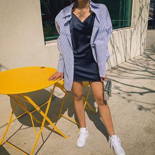 Pocket-front Striped Oversized Shirt
