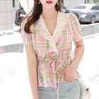 Lace-collar Plaid Peplum Blouse