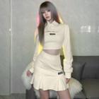 Long-sleeve Collared Shrug / Camisole Top / Pleated Mini A-line Skirt / Set