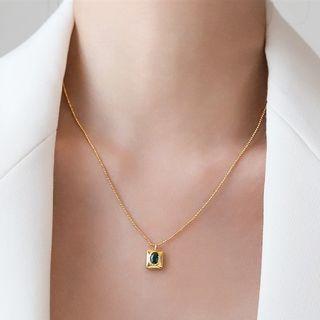 Rectangle Faux Crystal Pendant Alloy Necklace Gold & Green - One Size