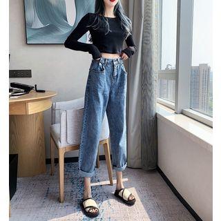 High-waist Roll Up Cropped Jeans