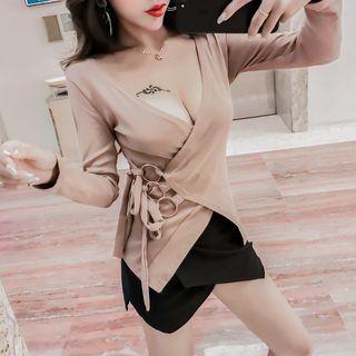 Long-sleeve Deep V-neck Wrap T-shirt