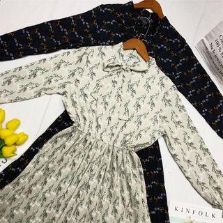 Long-sleeve Floral Tie-neck Dress