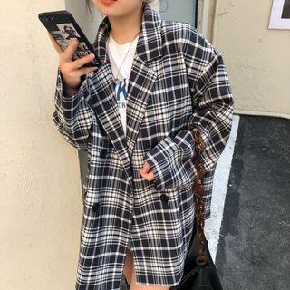 Plaid Double-breasted Coat Black & White - One Size