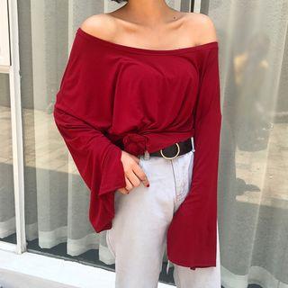 Long-sleeve Plain Off-shoulder Top
