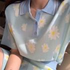 Set: Flower Short-sleeve Knit Polo Shirt + A-line Skirt