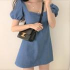 Balloon-sleeve Bow-back A-line Denim Dress