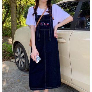Set: Top + Embroidered Denim Midi Overall Dress