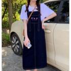 Set: Top + Embroidered Denim Midi Overall Dress