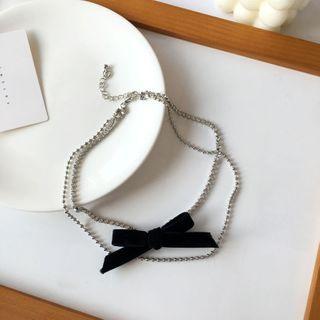 Bow Velvet Rhinestone Layered Choker 1 Pc - Black Bow - Silver - One Size