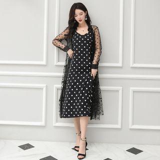 Set: Dotted Mesh Long Jacket + Spaghetti Strap Midi A-line Dress