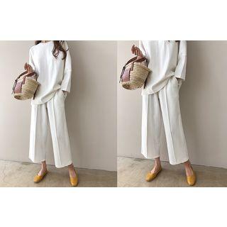 Set: 3/4-sleeve Slit-side Top + Band-waist Wide-leg Pants