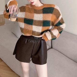Plaid Furry-knit Loose Sweater / Faux-leather Shorts