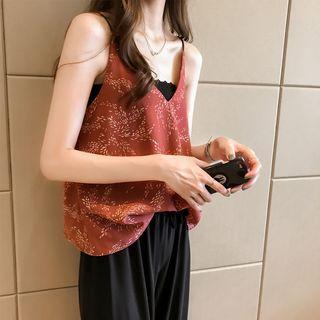 Print Spaghetti-strap V-neck Chiffon Top