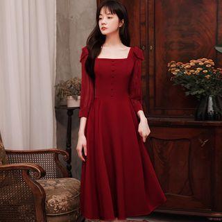 3/4-sleeve Plain A-line Midi Evening Dress