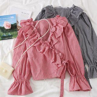 Ruffled-trim Checked Wrap Shirt