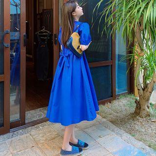 Puff-sleeve Bow Back Midi Smock Dress