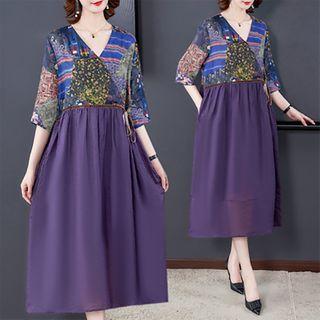 3/4-sleeve Printed Panel Midi Dress