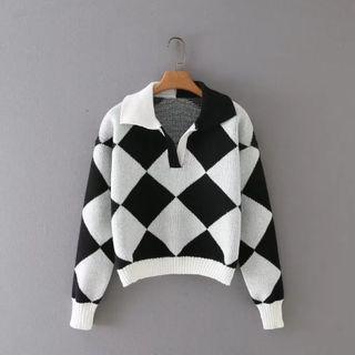Long Sleeve V-neck Argyle Print Sweater Black & White - One Size