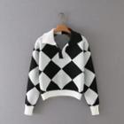 Long Sleeve V-neck Argyle Print Sweater Black & White - One Size