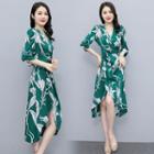 3/4 Sleeve V-neck Floral Print Knotted High-low Satin A-line Dress