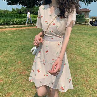 Cherry-print Wrapped A-line Dress