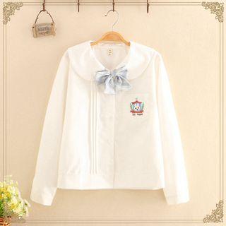 Rabbit Embroidered Collared Long-sleeve Blouse