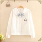 Rabbit Embroidered Collared Long-sleeve Blouse