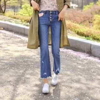 Button-front Distressed Boot-cut Jeans