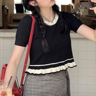 Short-sleeve Frill Trim Knit Top Black - One Size