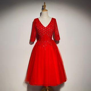 Floral Elbow Sleeve A-line Cocktail Dress