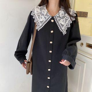 Long-sleeve Single Breast Lace Panel Coat Black - One Size