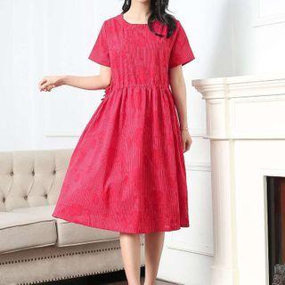 Short-sleeve Floral Embroidered Pinstriped A-line Dress