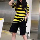 Elbow-sleeve Striped T-shirt / Wide-leg Shorts