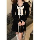 Long-sleeve Checker Print Trim A-line Dress