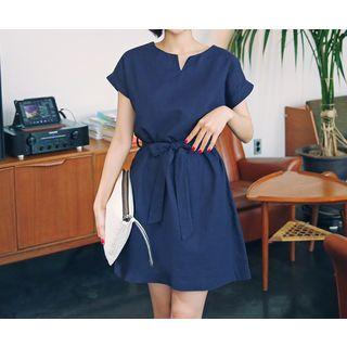 Open-placket Linen Blend Dress