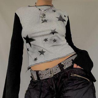 Long Sleeve Color-block Star Print Crop Top