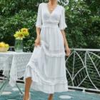 Short-sleeve V-neck Lace-trim Midi A-line Dress